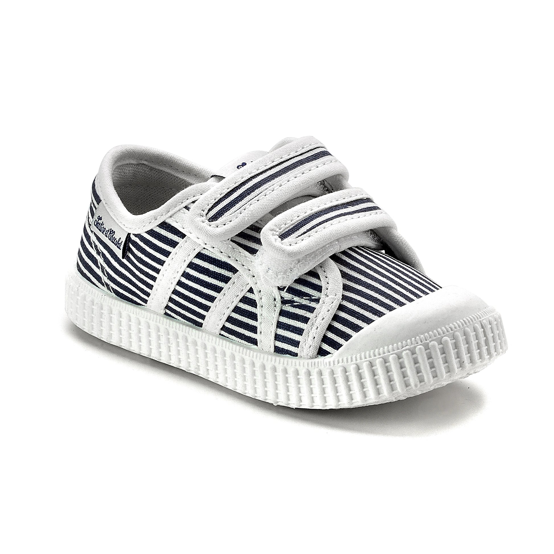 Blue and white striped soft baby sneaker made in Spain