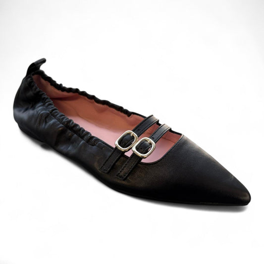 51079 - Black Leather Teens Double Strap Shoe Pretty Ballerinas