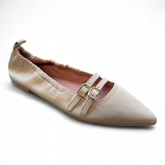51079 - Beige Leather Teens Double Strap Shoe Pretty Ballerinas
