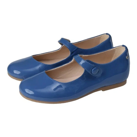 Mimi blue light patent girls bar button dress shoe with strap