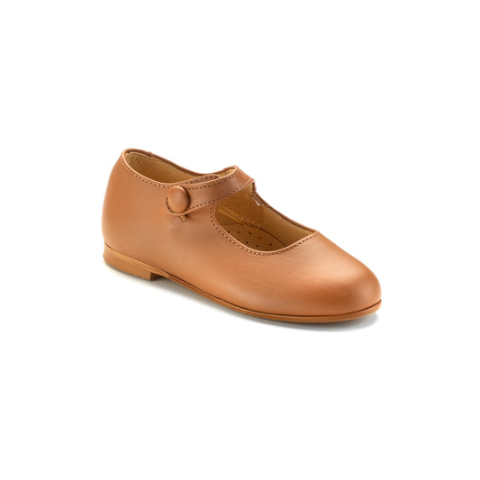 Sophia tan leather girls Mary Jane button shoe