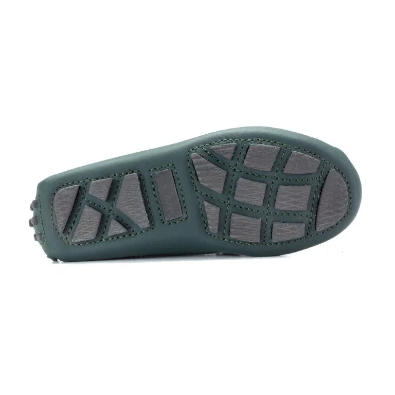 Green Sahara Girls Mocassin Loafer, soft and broken in, made in Italy.