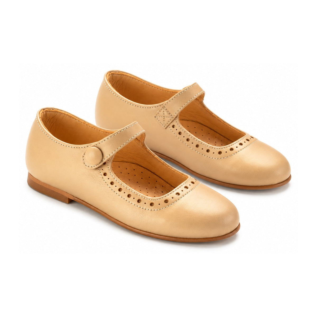 Beige Leather Girls Mary Jane Button