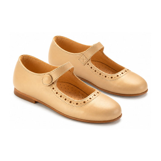 Beige Leather Girls Mary Jane Button