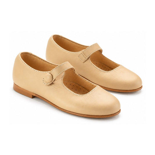 Beige Leather Girls Mary Jane Button