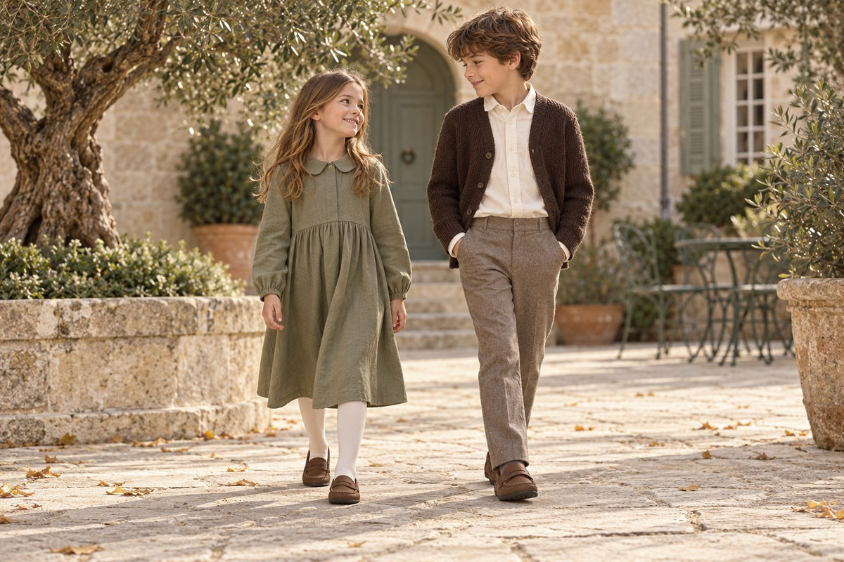 Children in modest sage and taupe outfits wearing London Kids brown moccasins and strap shoes in a European courtyard.