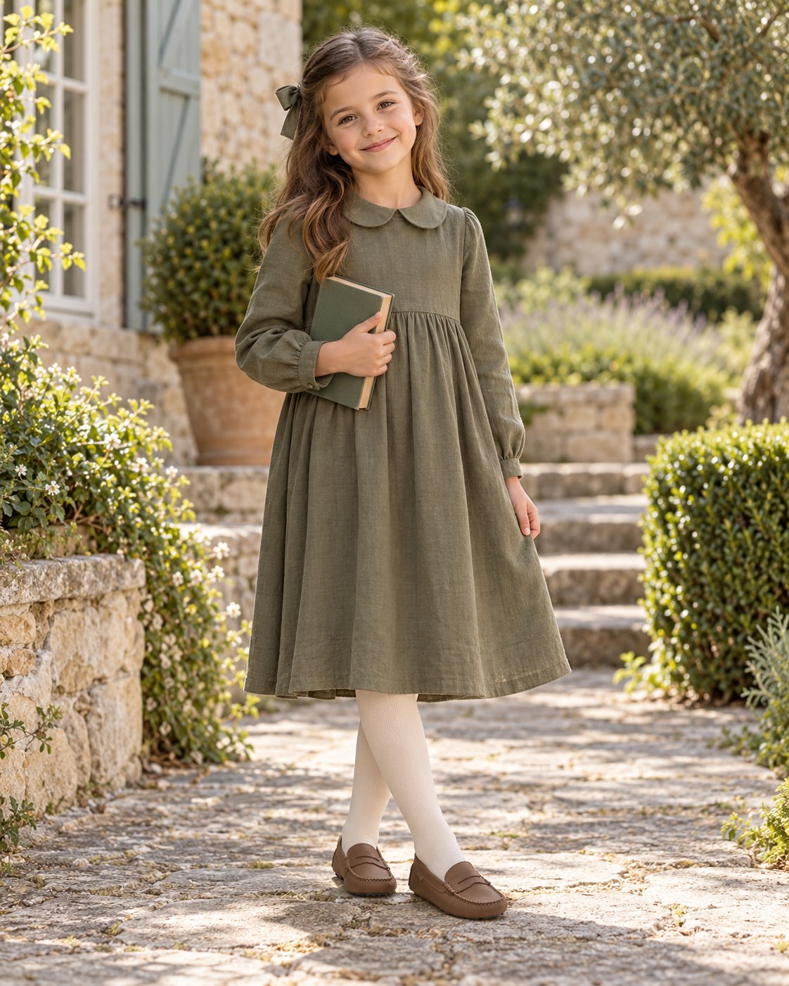 Girl in a long-sleeved sage dress and opaque tights wearing London Kids brown moccasins.