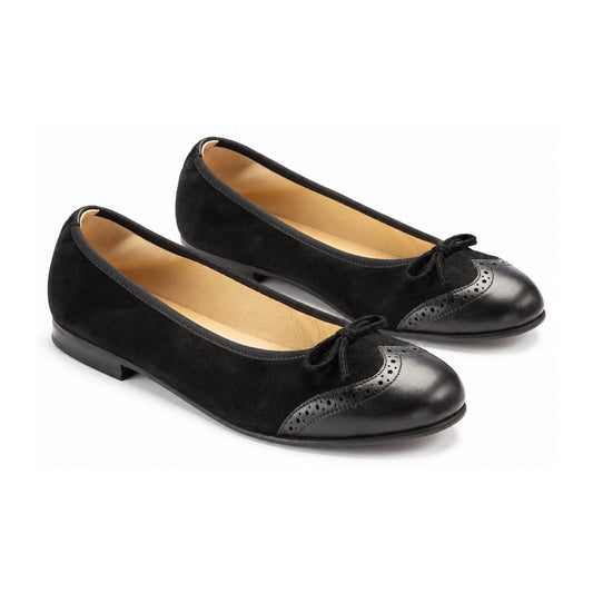 Girls Black Leather & Suede Bow Shoe