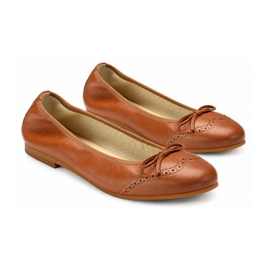 Girls Tan Leather Bow Flats