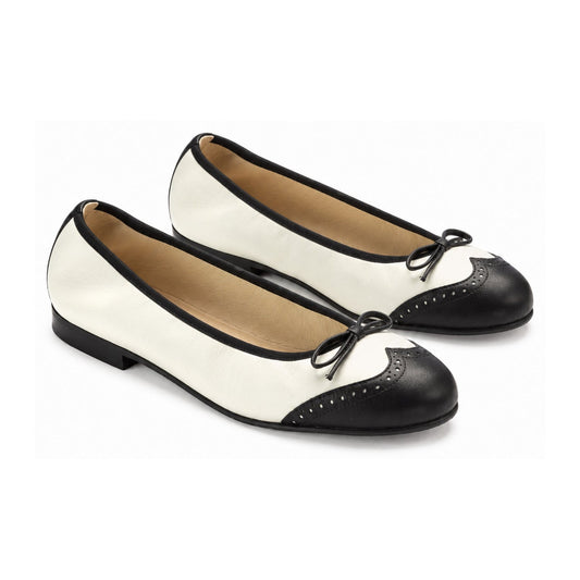 Black & Off White Leather Girls Bow Shoe