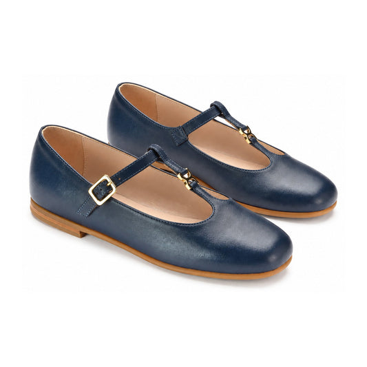 Blue Leather Girls T-strap Dress Shoes