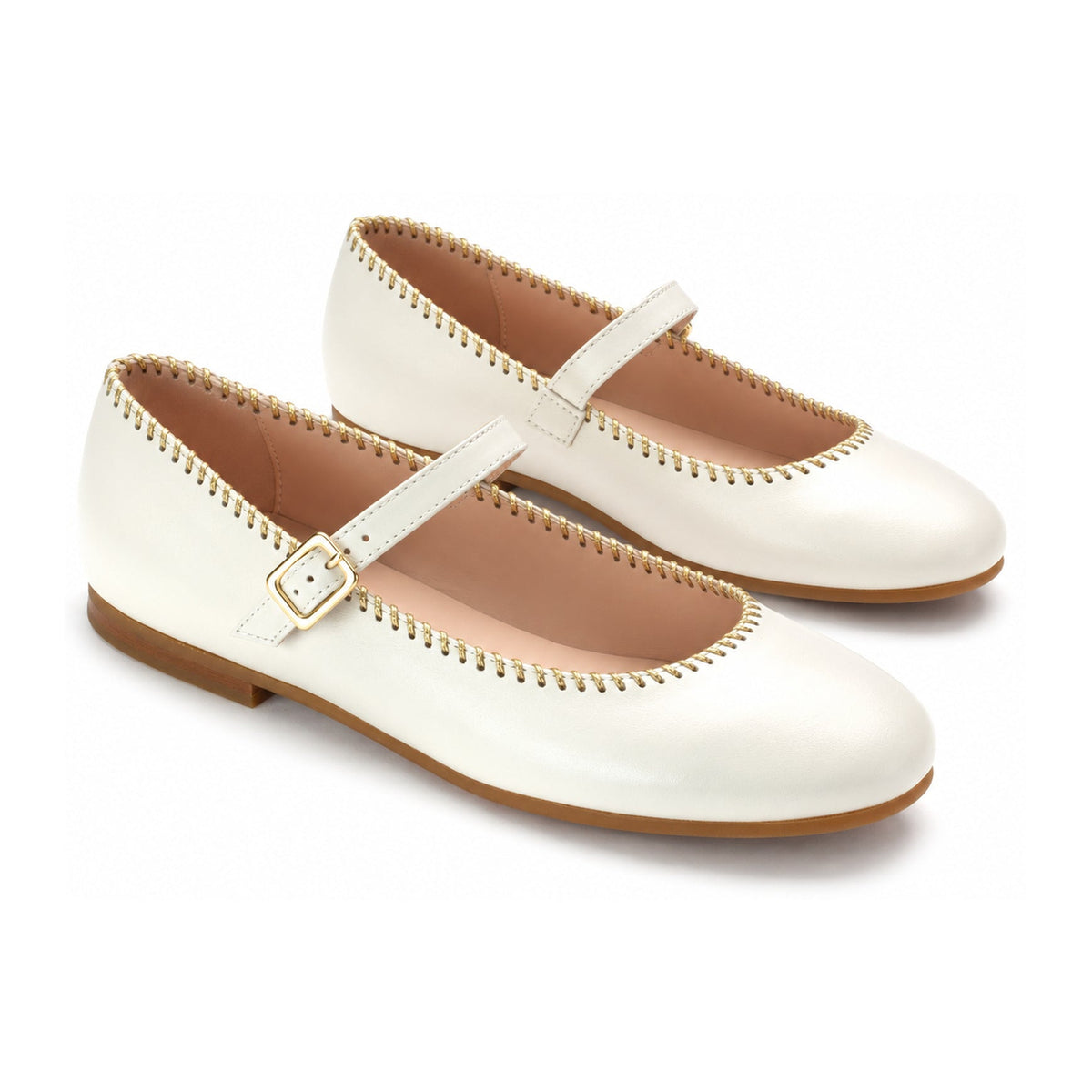 Off White Leather Girls Mary Jane Dress Flats