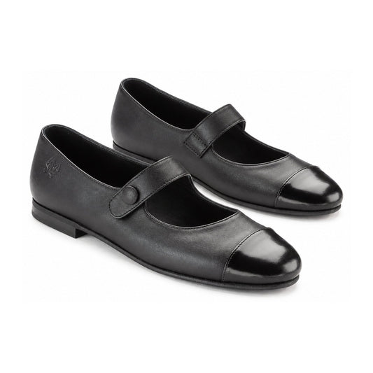Black Leather Teens Dressy Strap Shoe
