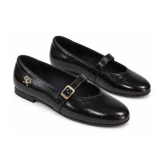 Black Crinckled Patent Teens Dressy Strap Shoe