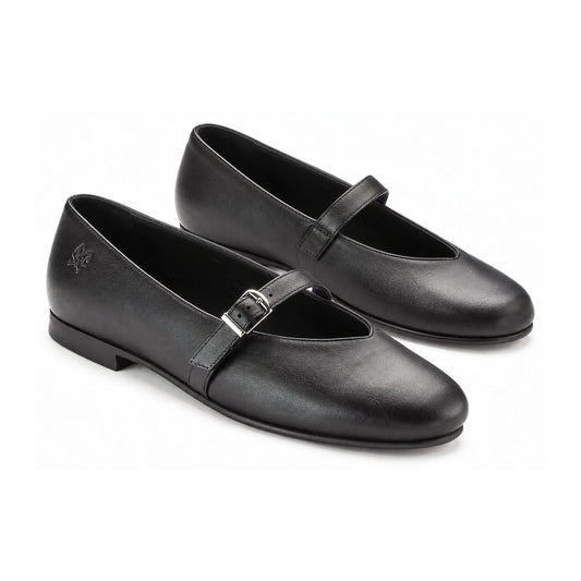 Black Leather Teens Dressy Strap Shoe