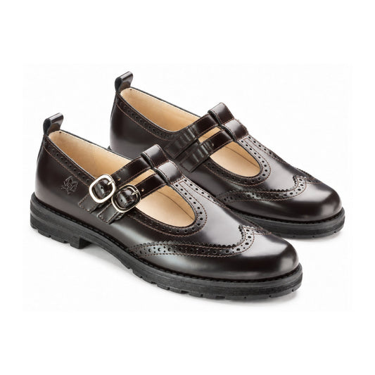 Brown Polished Leather Girl's T-Strap School Shoes