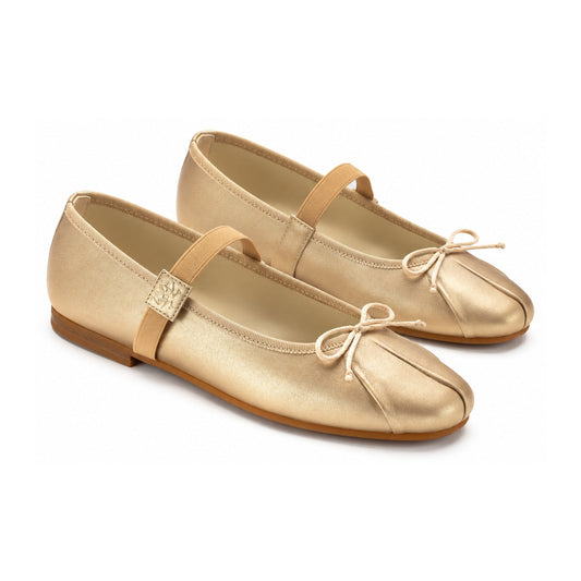 Gold Leather Girls Dressy Shoe Elastic