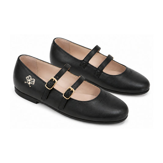 Black Leather Girls Two Strap Dress Shoe
