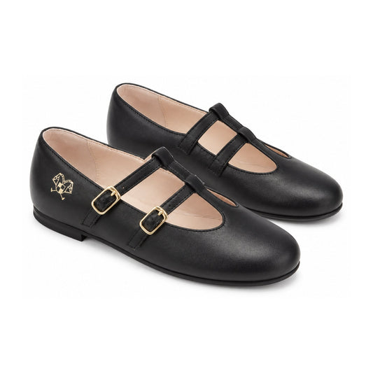 Black Leather Girls Dressy Double T-Strap