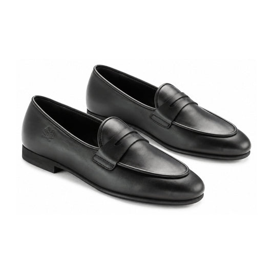 Black Leather Boys Slip On Dress Flat Loafer