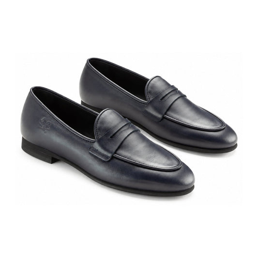 Navy Leather Boys Slip-on Flat Loafer