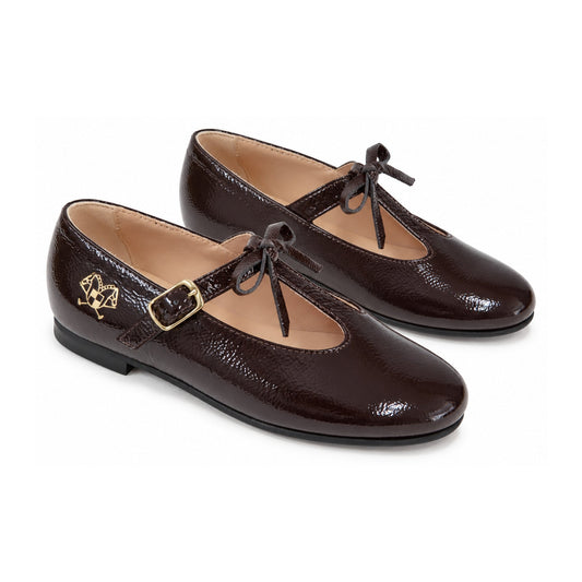 Brown Crinkled Patent Girls Dressy T-strap
