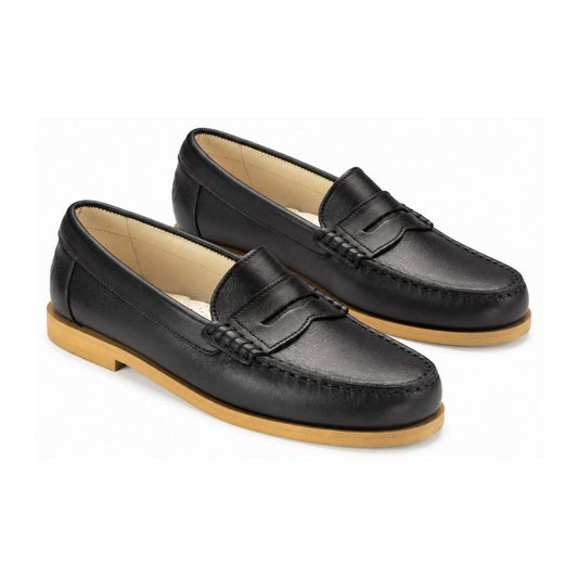 Elegant Black Leather Girls School Loafer with Beige Sole