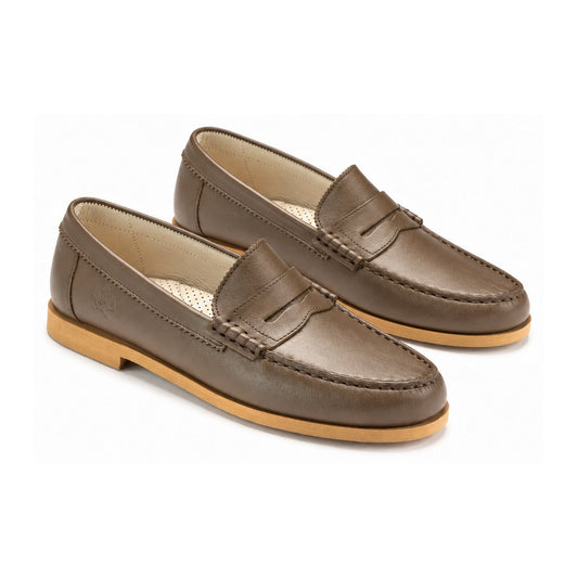 Taupe Leather Girls School Loafer