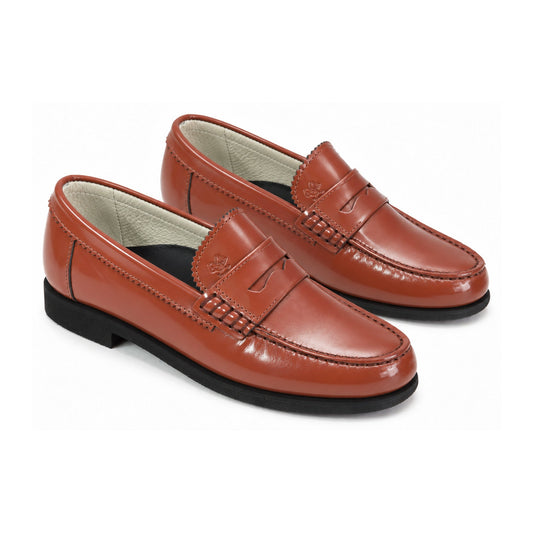Wood High Shine Leather Girls School Loafer