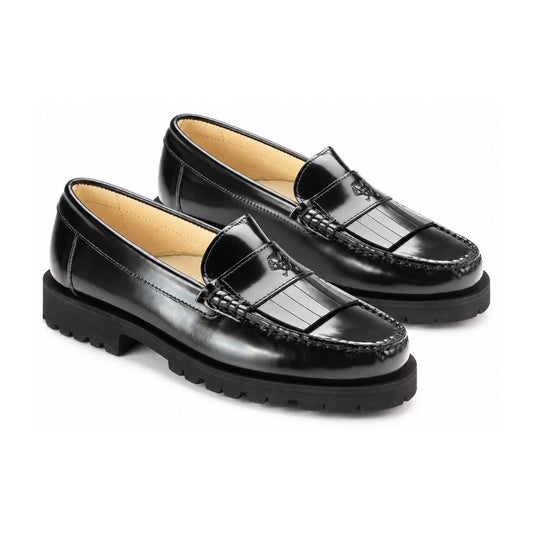 Black Polished Leather Girls Fringe School Loafer