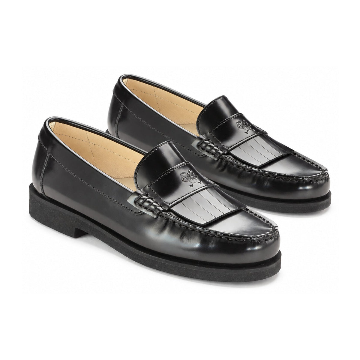 Black Polished Leather Girls Loafer Tassel