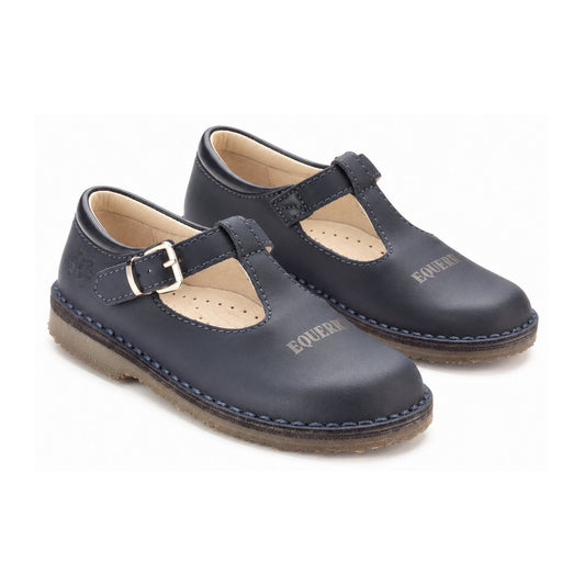 Navy Sahara Leather T-strap Shoe for Boy/Girl by London Kids