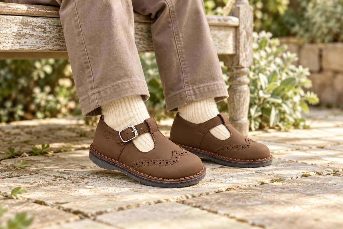 632 - Boys T Strap Wingtip in Brown Medium Sahara
