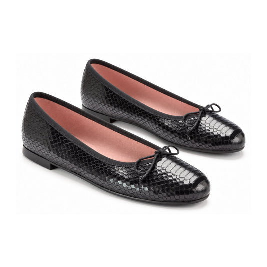 Black Patent Snake Teens Bow Shoe