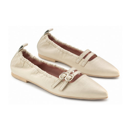 Beige Leather Teens Double Strap Shoe