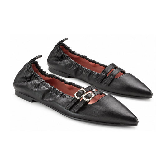 Black Leather Teens Double Strap Shoe