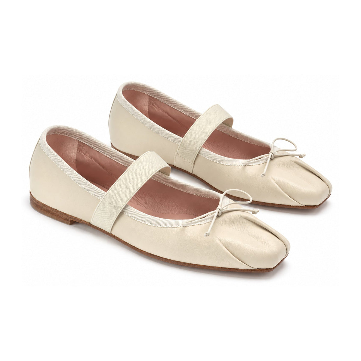 Cream Leather Teens Pleated Bow Flats