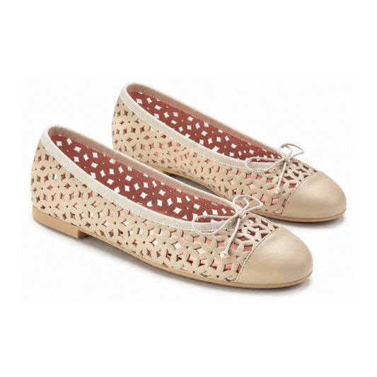 Beige Leather Teens Bow Shoe Summer Cut Out