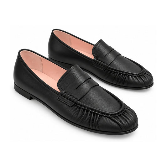 Black Leather Ladies Loafers Heel