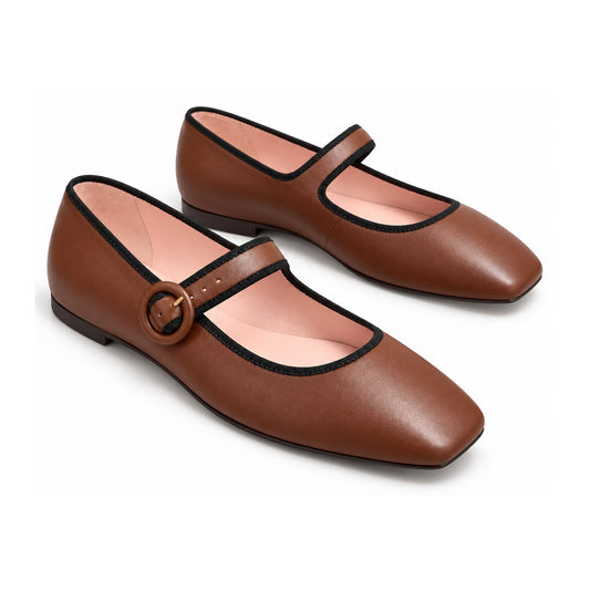Brown Leather Teens Mary Jane Flats